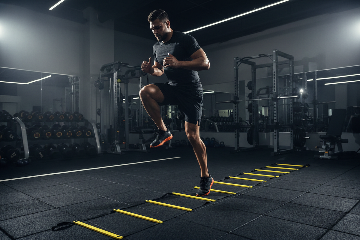 Athlete using agility ladder in gym