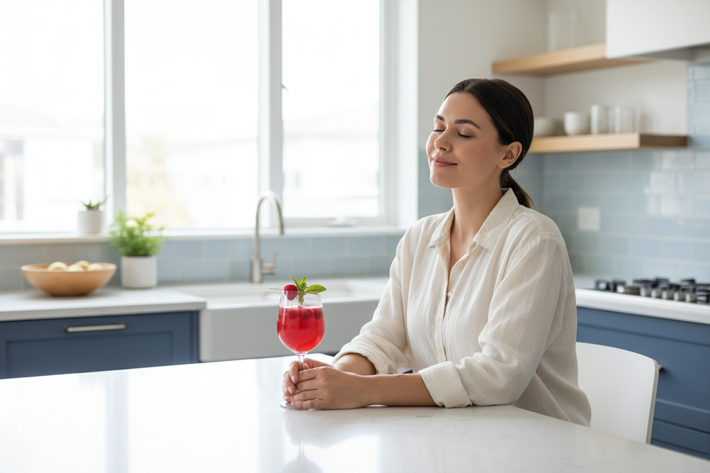 Calm woman enjoying SuperCalm drink