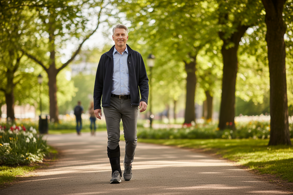 Man walking outdoors with foot drop brace