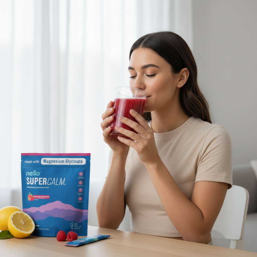 Person drinking SuperCalm with red drink