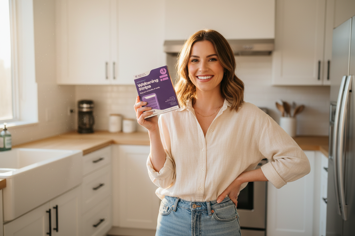 Woman holding whitening strips